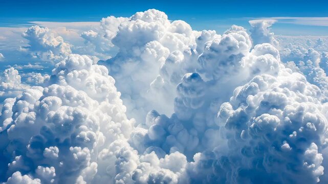 A stunning aerial view of dense, white, puffy cumulus clouds under a clear, deep blue sky.