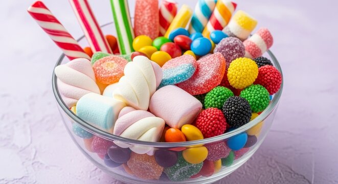 Indulge in a vibrant explosion of sweet delights with a crystal clear bowl overflowing with colorful candies, marshmallows, and gummy treats