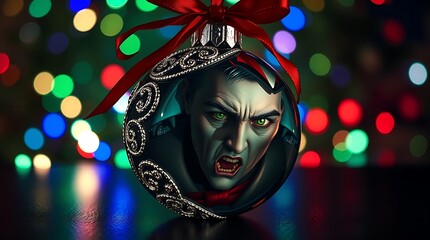 A spooky vampire ornament hangs against a backdrop of colorful christmas lights, blending horror and holiday cheer chirstmas
