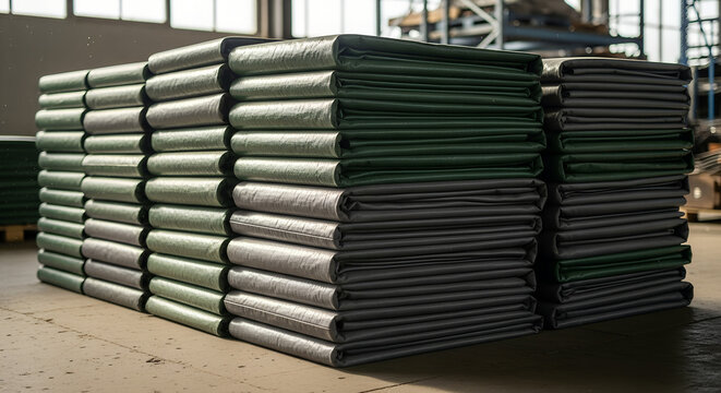 Stacked rolls of protective tarps in a warehouse setting  