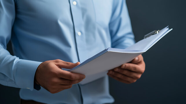 Focused professional reviews documents, light blue shirt crisp in dark setting, hands hold papers, crucial decision moment. Attention to detail, professional review.
