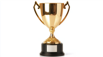 Shiny gold trophy with elegant handles and black base, symbolizing achievement and success, stands proudly against white