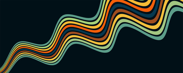 Abstract colorful 70s background vector. Vintage retro wallpaper with rainbow stripes and wavy lines.