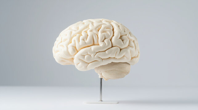 Detailed human brain model isolated white background, showcasing intricate structures and textures, perfect for educational