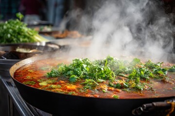 Street food bursts with flavor as steaming spicy dish simmers in large pan surrounded by fresh ingredients on a busy market day