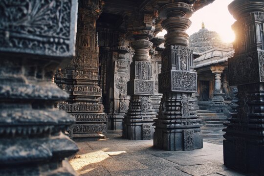 Explore the majestic Hoysala architecture of Belur's Chennakesava Temple showcasing intricate carvings and ancient stone pillars in the warm afternoon light