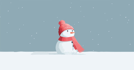 Un simpatico pupazzo di neve con cappello e sciarpa rossi si gode una nevicata invernale, evocando un'atmosfera gioiosa e festiva.