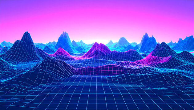 Futuristic Digital Landscape with Grid Mountains