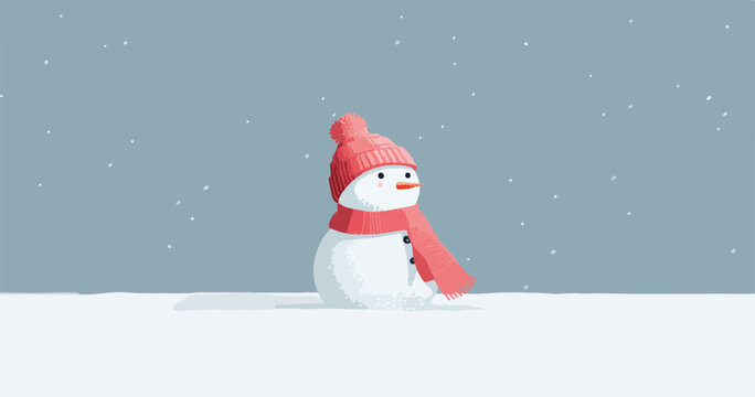 Un simpatico pupazzo di neve con cappello e sciarpa rossi si gode una nevicata invernale, evocando un'atmosfera gioiosa e festiva.