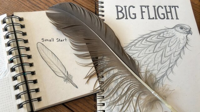 A single feather resting on an open sketchbook with sketches