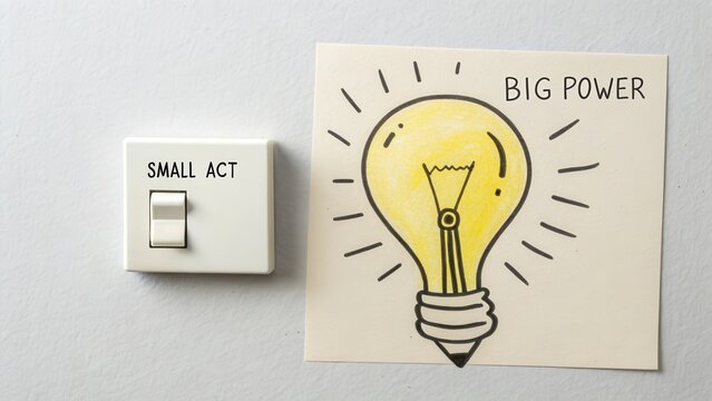 A small light switch turning on a large glowing lightbulb idea