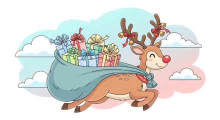 A cartoon reindeer running with a bag full of christmas presents against a cloudy background scene