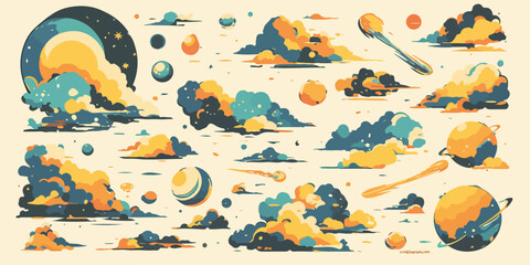 Illustrazione vettoriale che rappresenta un insieme di elementi celesti e nuvole in stile retrò, ideale per sfondi o design creativi.