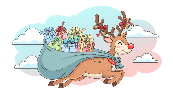 A cartoon reindeer running with a bag full of christmas presents against a cloudy background scene