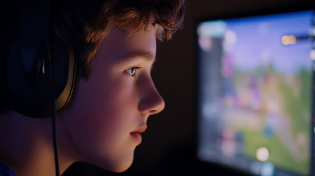 Focused youth engrossed in a computer game, illuminated by the screen's glow, showcasing intense concentration and immersion in the digital realm with headphones on.