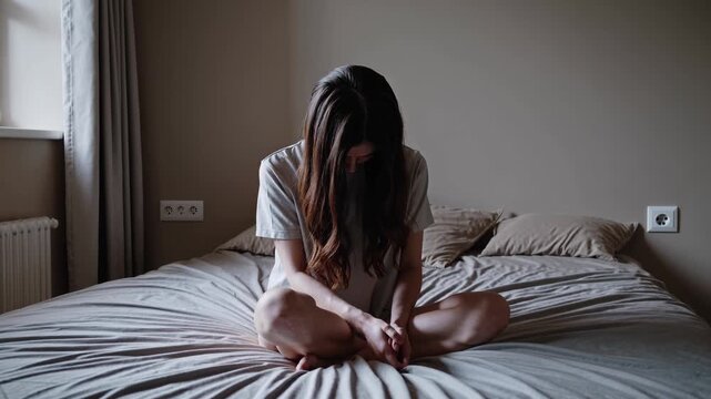 Sitting on bed with bowed head. Woman sitting lonely in bedroom. Long hair covers head and face. Hands rest on feet on pillow. Window light casts soft mood and quiet tension across bed. Silent sorrow.