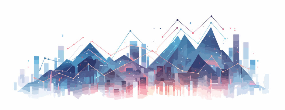 Illustrazione vettoriale di una citt&agrave; futuristica con montagne e grattacieli, che rappresenta crescita e progresso tecnologico.