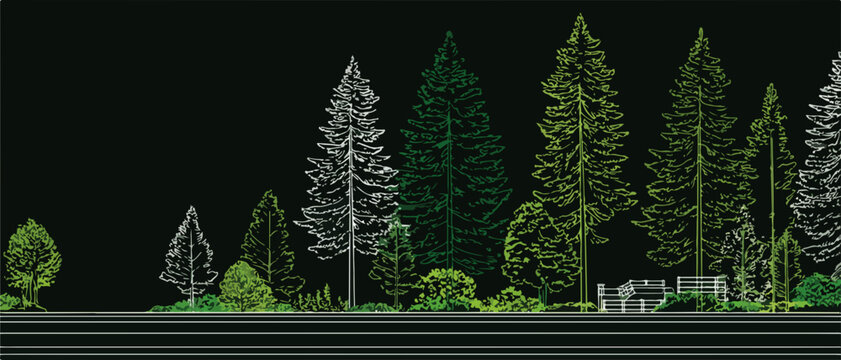 Illustrazione vettoriale di una fila di alberi sempreverdi su sfondo nero, ideale per progetti di paesaggistica e design ambientale.