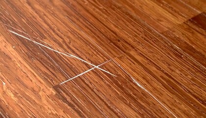 フローリングの床に白い線状の傷が交差し木目の模様と明るい反射が印象的なリアルな質感の接写