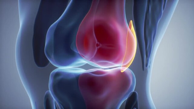 Animated Knee Joint XRay View with Red Inflammation and Yellow Cartilage