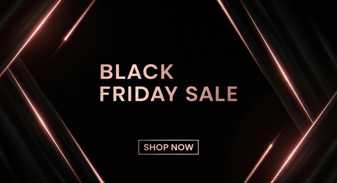 Black friday sale with shop now button and abstract geometric lines on black background