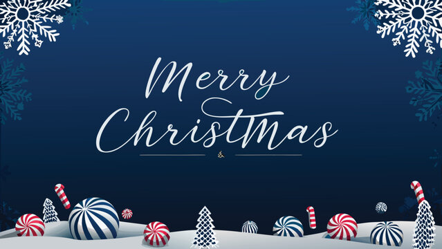 Festive merry christmas greeting with snowflakes and sweet treats like candy canes and striped peppermint candies on a snowy landscape - Powered by Adobe