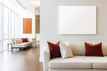 Modern living room featuring blank canvas wall, stylish sofa with decorative pillows, and large windows. space exudes elegance
