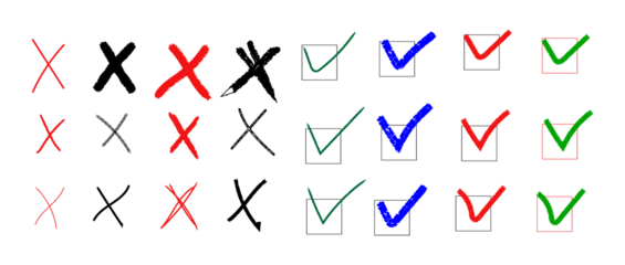 Colored cross and check marks doodle icon set for approval and rejection