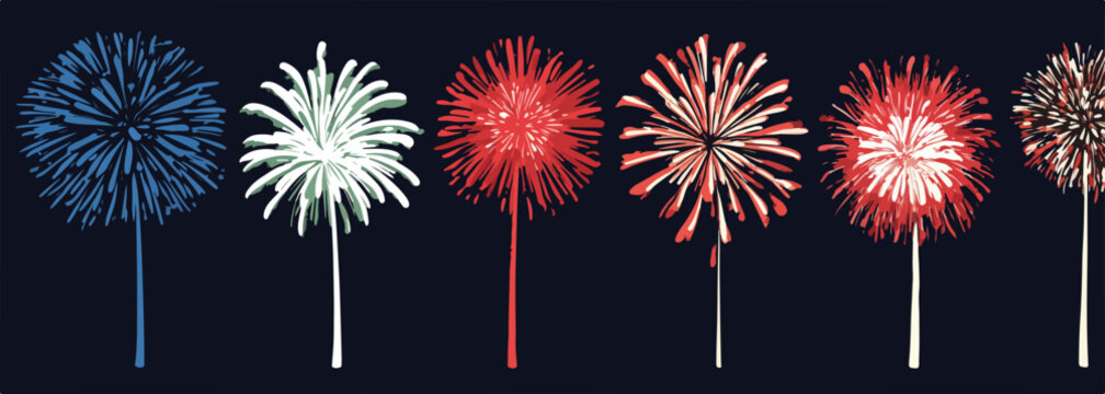 Illustrazione vettoriale di diversi fuochi d'artificio colorati su sfondo scuro, perfetti per celebrare eventi speciali e festivit&agrave;.