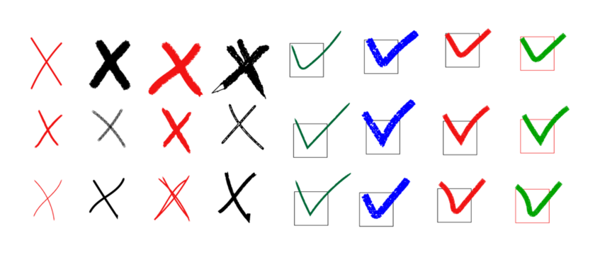 Colored cross and check marks doodle icon set for approval and rejection - Powered by Adobe