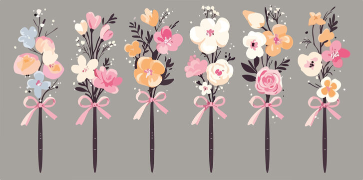 Eleganti composizioni floreali vettoriali con fiori primaverili e nastri rosa, perfette per biglietti d'auguri e inviti a eventi speciali.