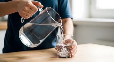 Person pouring clear water from a glass pitcher into a drinking glass on a wooden surface, with a bright background.