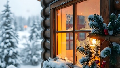 A cozy cabin window glows warmly against a snowy winter landscape with pine trees outside chirstmas
