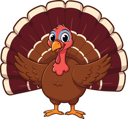 Cute cartoon turkey illustration, happy Thanksgiving bird mascot, festive holiday animal character with colorful feathers, funny fall season design