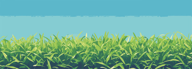 Un'immagine vettoriale di erba verde lussureggiante che cresce sotto un cielo azzurro, ideale per progetti di design e sfondi naturali.