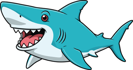 Cartoon shark illustration, smiling blue predator, animated sea animal, kids book artwork, playful ocean creature, educational mascot design, fun marine drawing