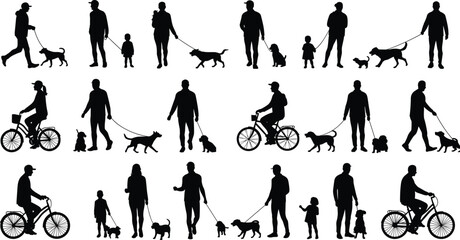 Dog walking silhouettes, family outdoor activity, pet exercise icons, biking with dogs, child and adult figures, leash poses, black design