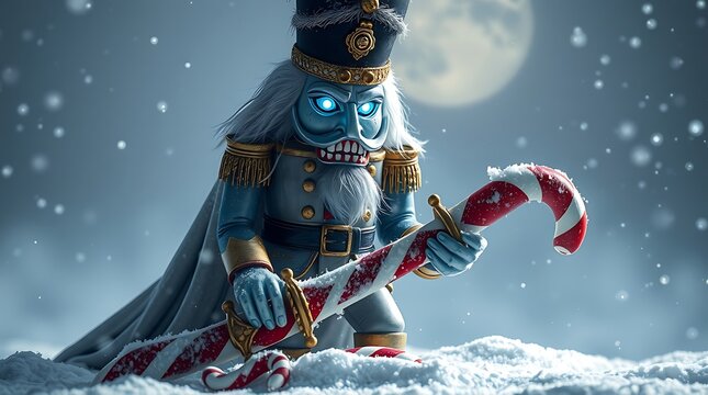 A magical christmas nutcracker holding a candy cane in a snowy winter wonderland under the moonlight chirstmas