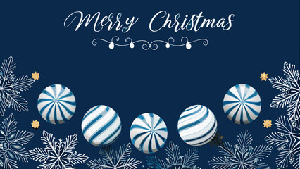 Festive merry christmas greeting card with blue and white striped ornaments and snowflakes on a dark blue background