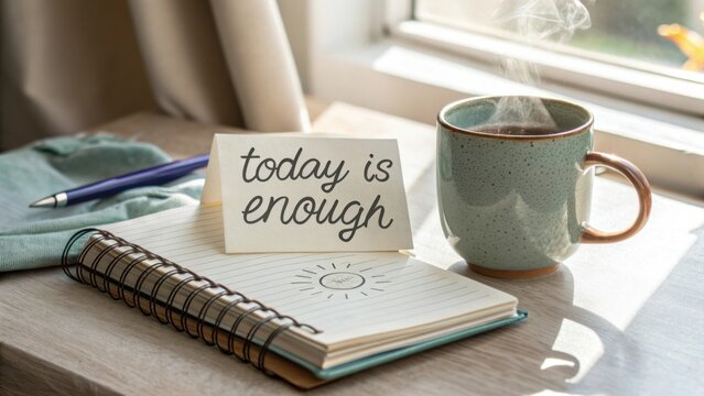 Inspirational message on a note beside a warm cup of coffee and an open notebook on a cozy wooden table by the window