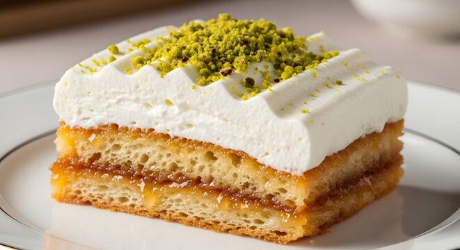A slice of Aish El Saraya showing layers of syrup-soaked toasted bread, thick Ashta cream, and pistachios. Photorealistic texture of this luxurious Middle Eastern dessert.