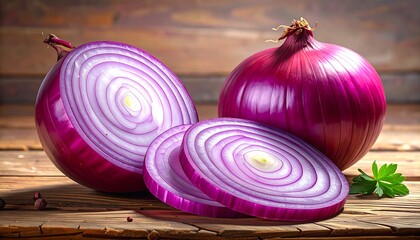 Red Onions - Sliced and Whole on Wooden Surface.