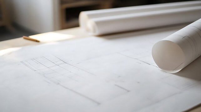 Architectural blueprint unfolded on a table with rolls of paper and a pencil nearby, showcasing precision and planning in the design process. Lines, angles, and technical drawings.