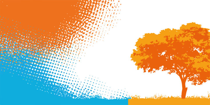 Un'illustrazione vettoriale astratta che presenta un albero arancione stilizzato in un paesaggio colorato con elementi grafici.