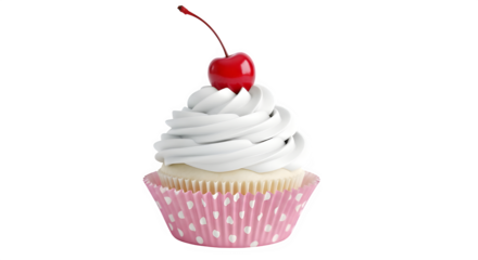Delicious cupcake isolated on transparent background, adorned with a swirl of creamy frosting and a vibrant red cherry on top, presented in a charming pink polkadotted paper cup, a sweet treat
