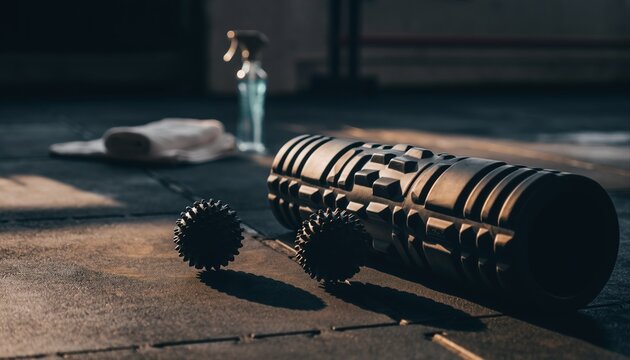 Moody 16:9 shot of a textured foam roller and massage ball on a dark gym mat, implying post-workout recovery.