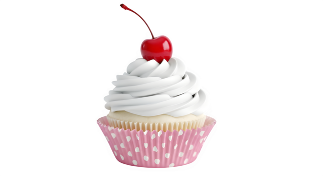 Delicious cupcake isolated on transparent background, adorned with a swirl of creamy frosting and a vibrant red cherry on top, presented in a charming pink polkadotted paper cup, a sweet treat