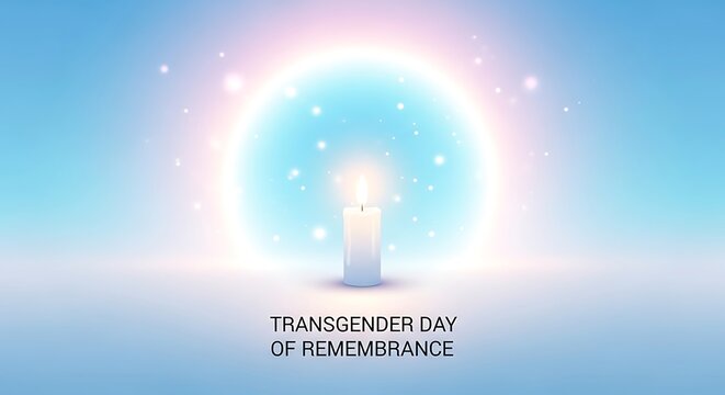 A serene image commemorating Transgender Day of Remembrance, featuring a glowing candle and soft background.
