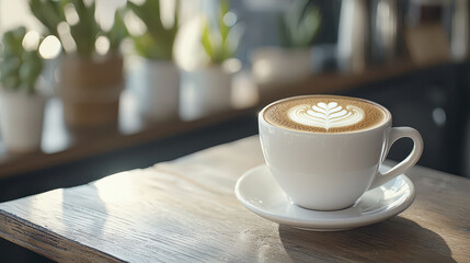 Fototapeta premium Beautiful coffee cup with latte art sits on wooden table in cozy coffee shop, surrounded by greenery