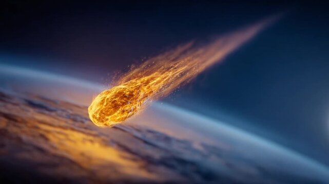 Fiery Descent: A captivating visual of a meteor blazing through space towards earth, igniting the atmosphere with its fiery presence, a powerful cosmic event.